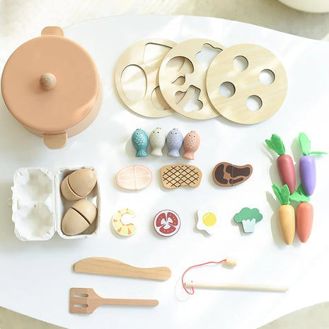 Dječiji drveni kuhinjski set GINGER HOME, lonac sa namirnicama, pecanje i sorter, Montessori, 27 dijelova