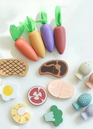 Dječiji drveni kuhinjski set GINGER HOME, lonac sa namirnicama, pecanje i sorter, Montessori, 27 dijelova