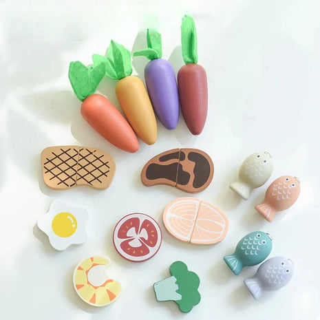 Dječiji drveni kuhinjski set GINGER HOME, lonac sa namirnicama, pecanje i sorter, Montessori, 27 dijelova