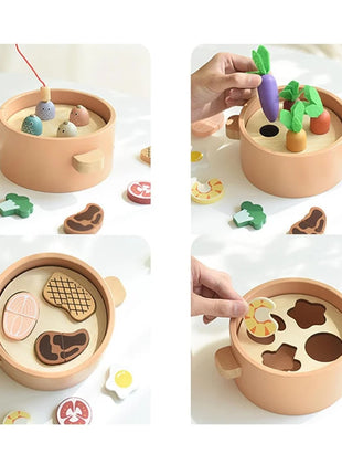 Dječiji drveni kuhinjski set GINGER HOME, lonac sa namirnicama, pecanje i sorter, Montessori, 27 dijelova