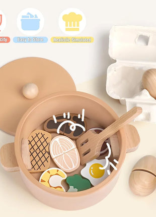 Dječiji drveni kuhinjski set GINGER HOME, lonac sa namirnicama, pecanje i sorter, Montessori, 27 dijelova