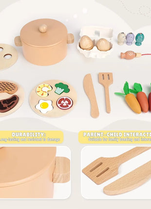 Dječiji drveni kuhinjski set GINGER HOME, lonac sa namirnicama, pecanje i sorter, Montessori, 27 dijelova