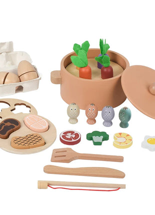 Dječiji drveni kuhinjski set GINGER HOME, lonac sa namirnicama, pecanje i sorter, Montessori, 27 dijelova