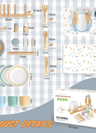 Dječiji drveni set za hranjenje GINGER HOME – 33 dijela, komplet za igru uloga sa tanjirima, šoljama, priborom za jelo i podmetačima