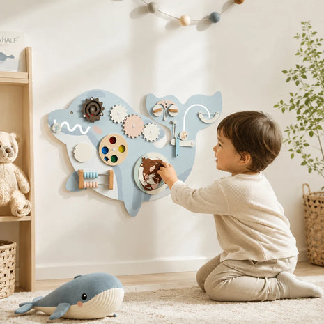 Dječija drvena aktivna tabla GINGER HOME, delfin za zid, Montessori busy board, 59,6 × 39,5 cm