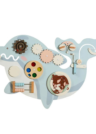Dječija drvena aktivna tabla GINGER HOME, delfin za zid, Montessori busy board, 59,6 × 39,5 cm