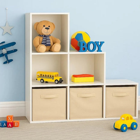 Dječija polica za knjige i organizator za igračke sa 6 pregrada i tekstilnim kutijama, bijela, Montessori namještaj