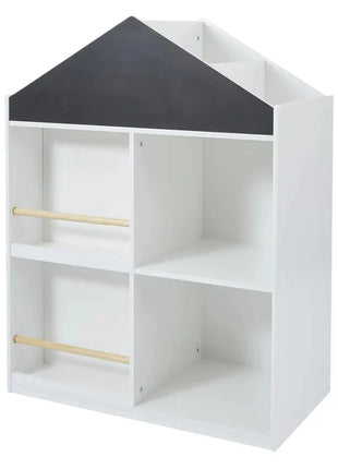 Dječija polica za igračke i knjige, kućica sa policama i tablom za crtanje, Montesori, bijela