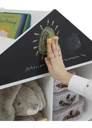 Dječija polica za igračke i knjige, kućica sa policama i tablom za crtanje, Montesori, bijela