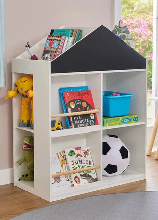Dječija polica za igračke i knjige, kućica sa policama i tablom za crtanje, Montesori, bijela