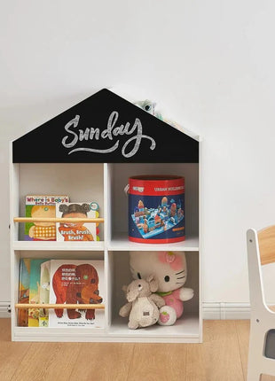 Dječija polica za igračke i knjige, kućica sa policama i tablom za crtanje, Montesori, bijela