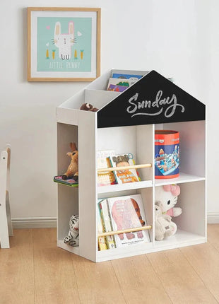 Dječija polica za igračke i knjige, kućica sa policama i tablom za crtanje, Montesori, bijela