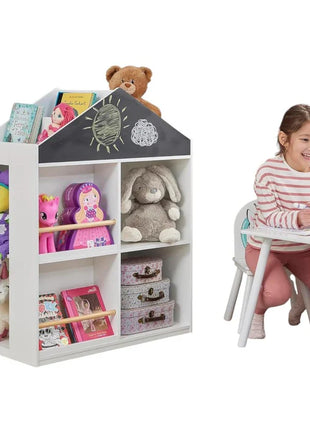 Dječija polica za igračke i knjige, kućica sa policama i tablom za crtanje, Montesori, bijela