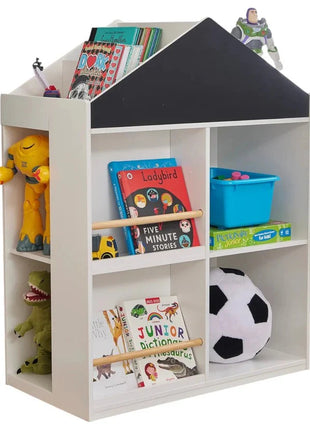 Dječija polica za igračke i knjige, kućica sa policama i tablom za crtanje, Montesori, bijela