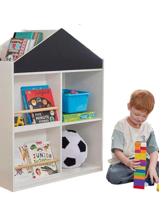 Dječija polica za igračke i knjige, kućica sa policama i tablom za crtanje, Montesori, bijela