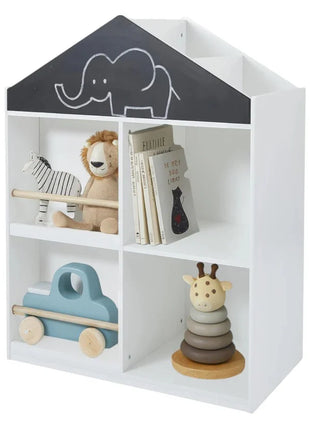 Dječija polica za igračke i knjige, kućica sa policama i tablom za crtanje, Montesori, bijela