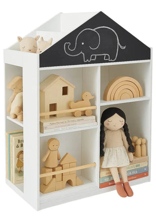 Dječija polica za igračke i knjige, kućica sa policama i tablom za crtanje, Montesori, bijela