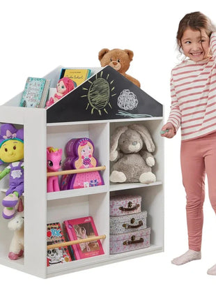 Dječija polica za igračke i knjige, kućica sa policama i tablom za crtanje, Montesori, bijela