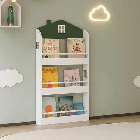 Dječija polica za knjige i igračke – Kuća, 3 police, drvo