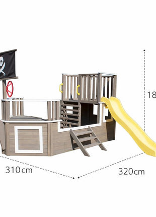 Dečija drvena penjalica Piratski brod sa toboganom i peskarnikom KINDER HOME – Za dvorište i baštu, 310×320×180 cm