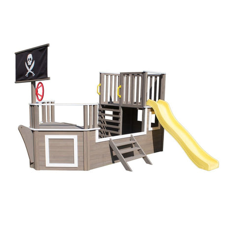 Dečija drvena penjalica Piratski brod sa toboganom i peskarnikom KINDER HOME – Za dvorište i baštu, 310×320×180 cm
