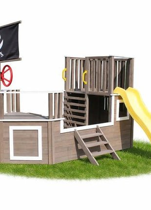 Dečija drvena penjalica Piratski brod sa toboganom i peskarnikom KINDER HOME – Za dvorište i baštu, 310×320×180 cm
