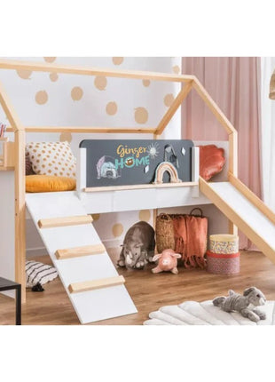 Kućica za dječiji krevet, Montessori, dvospratna, tobogan, crna tabla, ram dušeka 90x200 cm