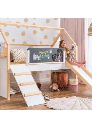 Kućica za dječiji krevet, Montessori, dvospratna, tobogan, crna tabla, ram dušeka 90x200 cm
