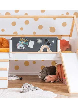 Kućica za dječiji krevet, Montessori, dvospratna, tobogan, crna tabla, ram dušeka 90x200 cm