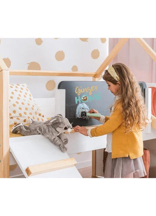 Kućica za dječiji krevet, Montessori, dvospratna, tobogan, crna tabla, ram dušeka 90x200 cm