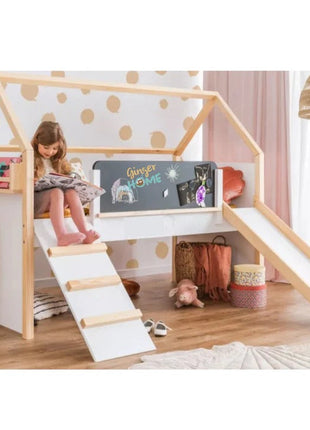 Kućica za dječiji krevet, Montessori, dvospratna, tobogan, crna tabla, ram dušeka 90x200 cm