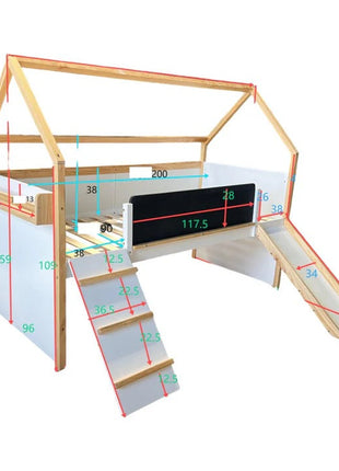 Kućica za dječiji krevet, Montessori, dvospratna, tobogan, crna tabla, ram dušeka 90x200 cm