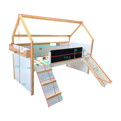 Kućica za dječiji krevet, Montessori, dvospratna, tobogan, crna tabla, ram dušeka 90x200 cm