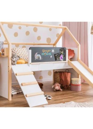 Kućica za dječiji krevet, Montessori, dvospratna, tobogan, crna tabla, ram dušeka 90x200 cm