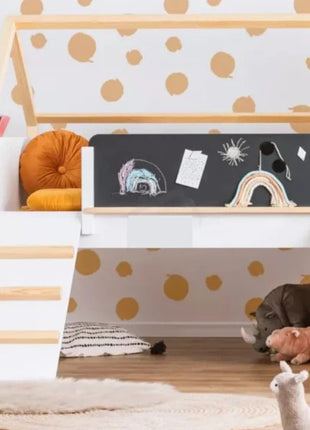 Kućica za dječiji krevet, Montessori, dvospratna, tobogan, crna tabla, ram dušeka 90x200 cm